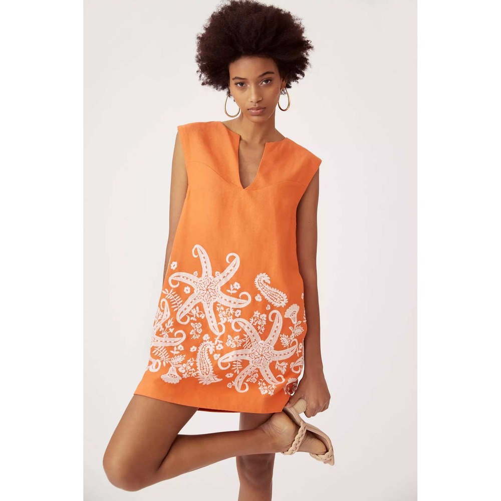 Anthropologie Maeve Embroidered Tunic Dress Sz 0 Orange Linen Viscose Pockets
